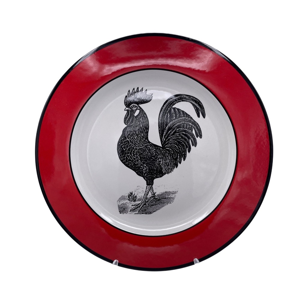 Primitive Artisan Rooster Plater Red Rim Farmhouse Ceramic 12 Inch